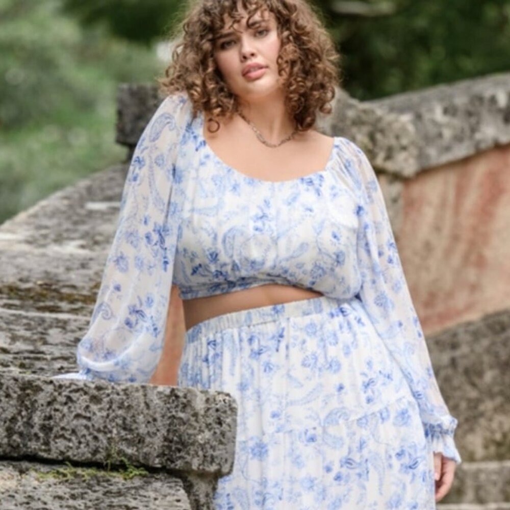 New ARULA Blue & White Floral Chiffon Crop Tie Waist Blouse Balloon Sleeves 18